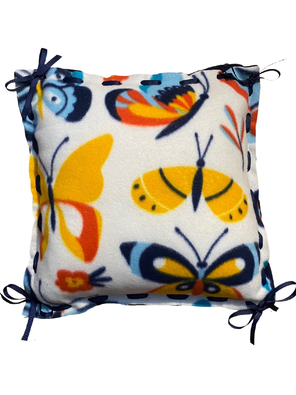 Make Your Own Fleece Pillow Kit for Elderly, Low Vision, Children, Blind and Dementia Friendly, Simple Lacing, Insert Included, White w multi-color bright butterflies pattern